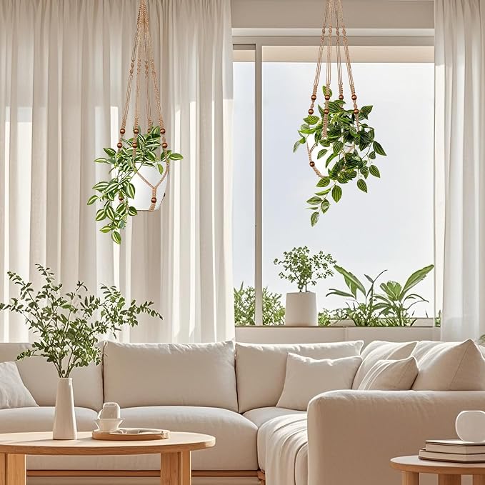 LEWESU Jute Macrame Plant Hanger Indoor Set of 2 Hanging Planter Basket Flower - Image 2