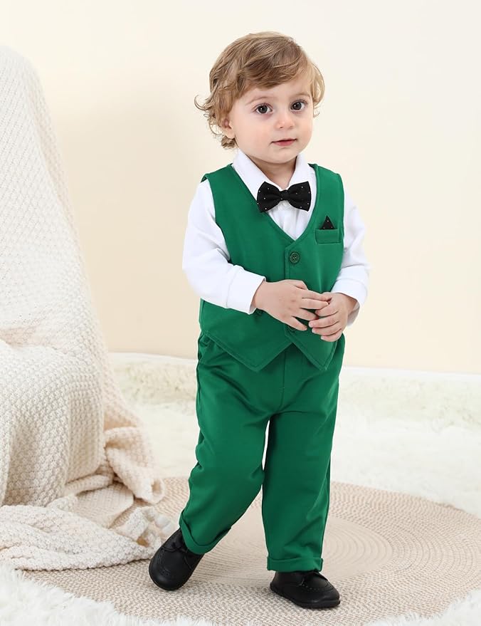 A&J DESIGN Baby Boy Suits Clothes Infant Toddler Formal Gentleman Outfits, Dress Shirt + Vest + Bow Tie + Pants Wedding Set