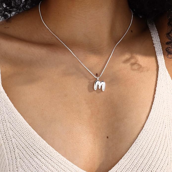 Bubble Gold Silver Letter Necklace Initial Necklaces for Women Trendy 14K Dainty Charm Pendant Name Necklace Personalized Jewelry Gift for Women Teen