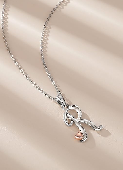 CELESTIA 925 Sterling Silver Initial Necklaces 26 Letter with Rose Gold Heart - 18 Inch Chain