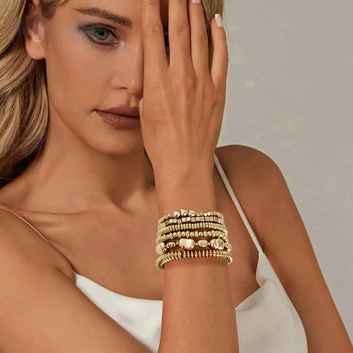 Gold Plated Beaded Bracelets for Women Trendy, 14K Gold Plated Stack Cross Pearl Gold Plated Bead Stretch Bracelets Set Elastic Hypoallergenic Bracelets Jewelry Gifts