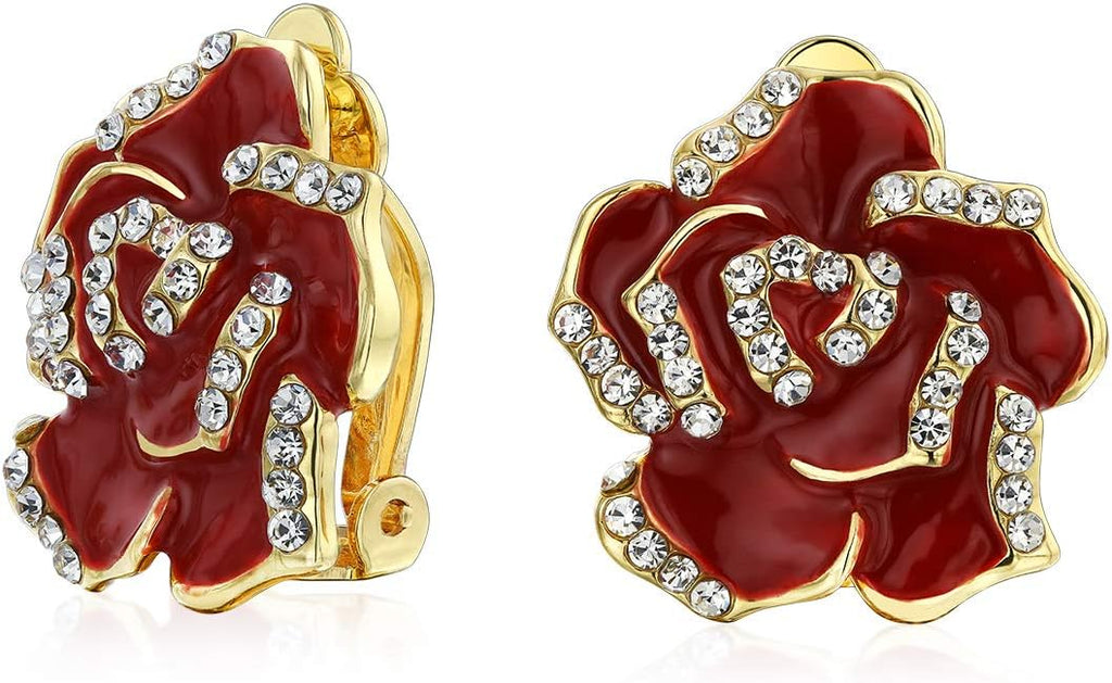 Pink Red Enamel Flower Crystal Edge Spring Retro Floral Rose Clip On Earrings For Women Non Pierced Ears 14K Gold Plated