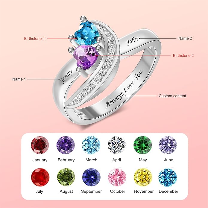Personalized Heart Birthstone Rings for Women with 2 Birthstones Custom Name Rings for Couple Mother Daughter Jewelry Gift for Mother Her Christmas