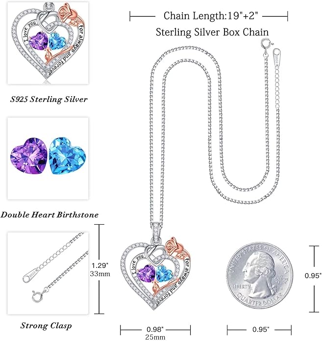 Iefil Valentines Day Gifts for Her Wife - 925 Sterling Silver Double Birthstone Necklace, Anniversary Birthday Gifts for Women, Jewelry Gift for Wife Girlfriend Mom Her
