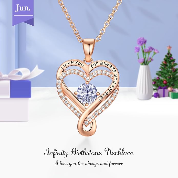 Infinity Love Heart Birthstone Necklace for Women Wife, S925 Sterling Silver Anniversary for Women Wife Birthday Gift for Her Girlfriend Mom Daughters, I Love You Women's Jewelry 18k Rose Gold Filled