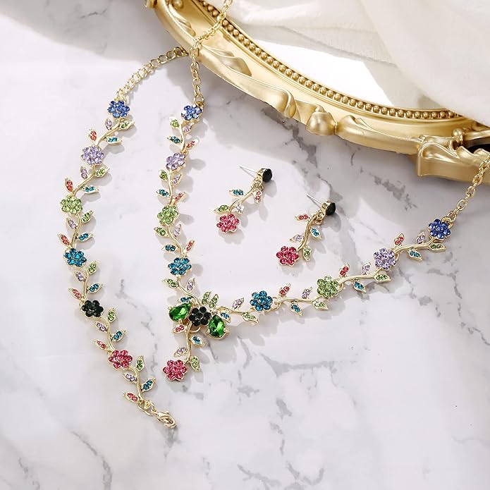 BriLove Women's Wedding Jewelry Leaf Cluster Flower Crystal Dangle Earrings Pendant Necklace Set for Bridal