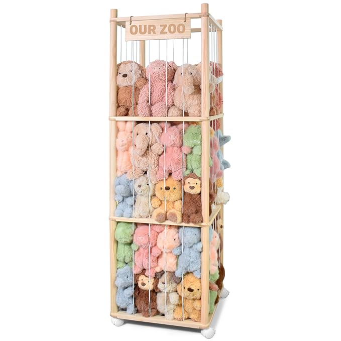 Stuffed Animal Storage, Wood Stuffed Animal Zoo Storage with Brake Wheels, Space Save Toy Organizer, Large Capacity Stuffed Animal Holder, Perfect for Nursery Playroom Kidroom Bedroom-54.3 Inch