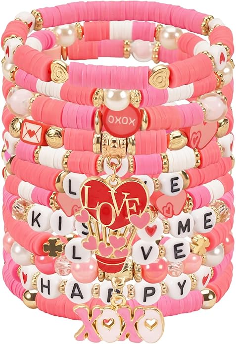 Beaded Bracelet for Women Pink Love Heart Stretch Bracelets Accessories