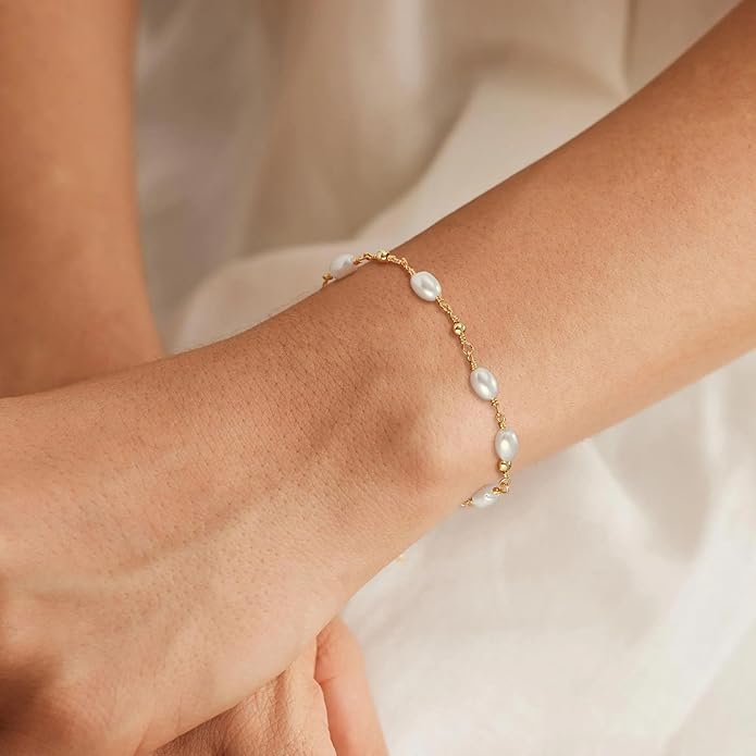 SLOONG Valentines Day Gifts for Her Gold Pearl Bracelets, 18K Real Gold Plated Dainty Stackable Snake Chain CZ Heart Pendant Bracelets, Layered Waterproof Jewelry Gift for Women Adjustable 6"+2"