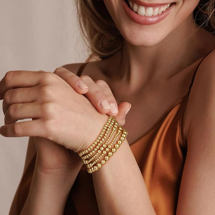 adoyi Valentines Day Gifts for Her Gold Bracelets for Women Waterproof, 14K Gold Plated Beaded Strand Bead Ball Bracelets stack Adjustable Jewelry Set for Gifts
