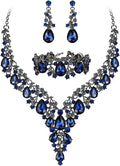 BriLove Women's Wedding Bridal Austrian Crystal Teardrop Flower Cluster Statement Necklace Dangle Earrings Jewelry Set for Party Prom