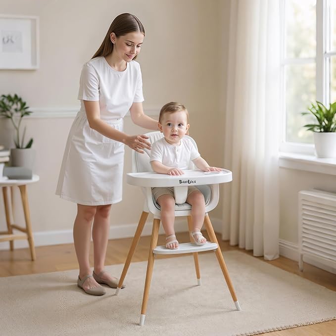 Baby High Chair, Wooden Highchair with Removable Tray, Adjustable Legs, Cushion, 5-Point Harness and Footrest for Infants, Baby, Toddlers, Gray