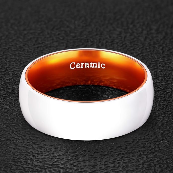 POYA White Ceramic Ring 6mm 8mm Wedding Band for Men Women Inlay Anodized Aluminum Liner Comfort Fit