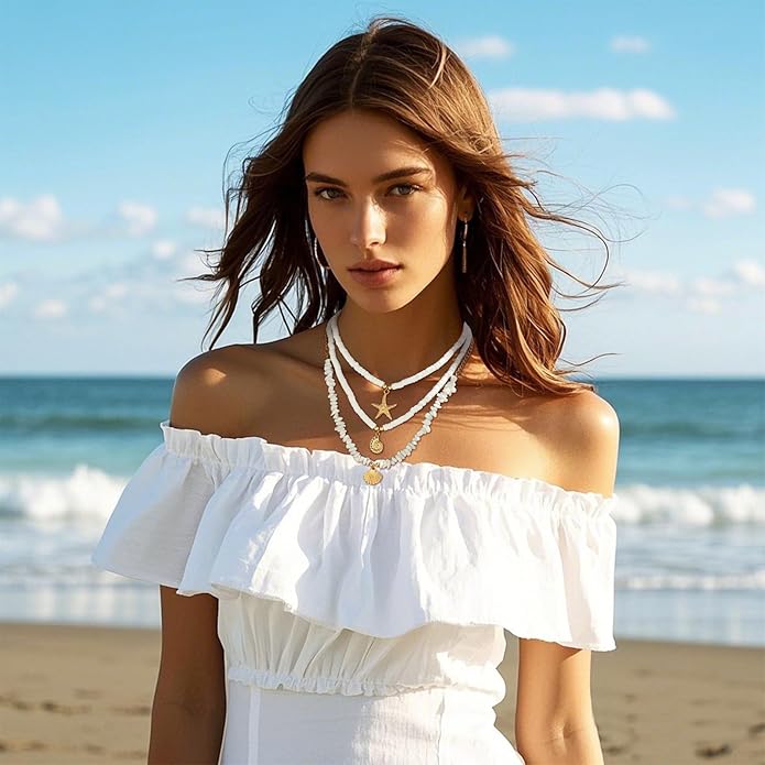 Gold Sea Shell Necklace Layered Charm Necklace for Women Boho Summer Seashell Beach Starfish Necklaces 14k Pearl Chain Surfer Jewelry Beach Vacation Essentials