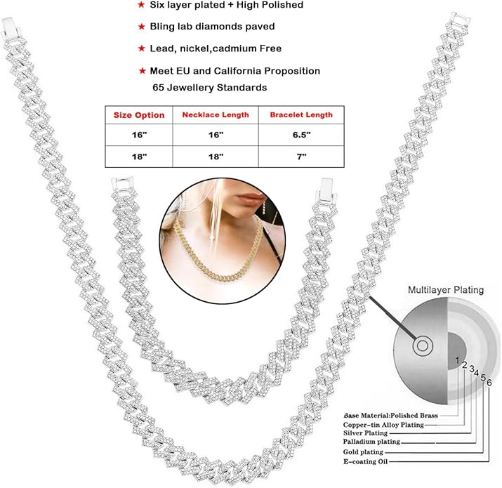 HH BLING EMPIRE 14k Gold/Silver Cuban Link Chain for Women Iced Out Diamond Chunky Cuban Link Necklace Chain Bracelet 2pcs Sets
