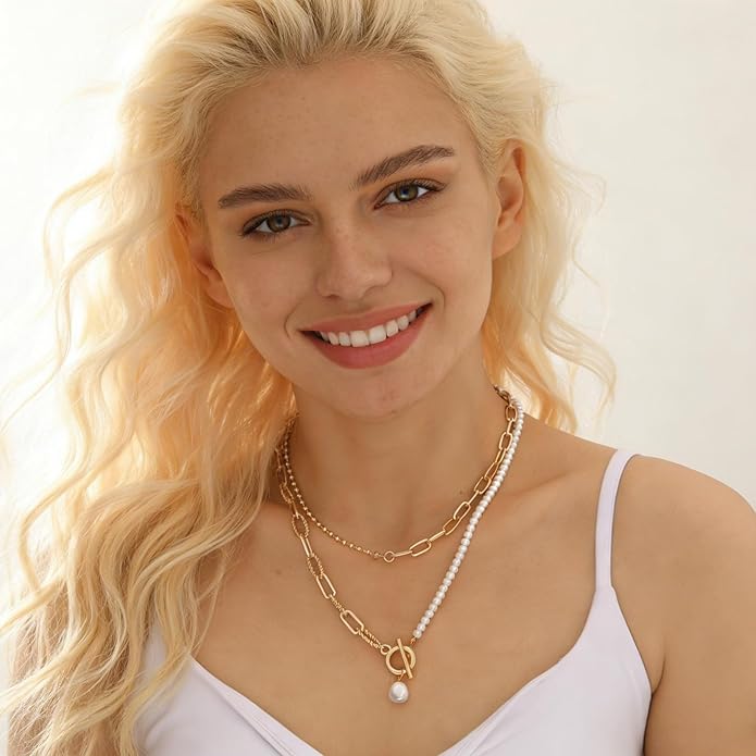 Layered Pearl Chain Necklace for Women, 14K Gold Plated Pearl Link Toggle Clasp Necklace, Dainty Trendy Layered Choker Chunky Jewelry Fashion Gift for Women