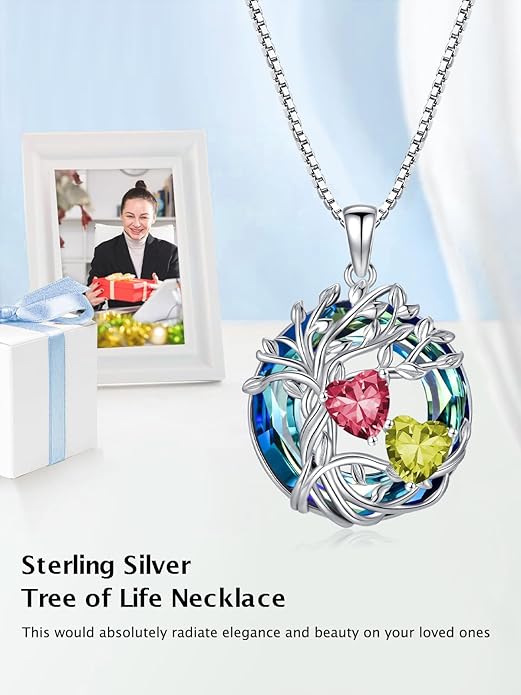 TOUPOP s925 Sterling Silver Family Celtic Tree of Life Pendant Necklaces with 2 Heart Birthstone with Blue Austrian Crystal Jewelry Birthday Valentines Day Gifts for Her, Anniversary Christmas Gifts for Wife Girlfriend Mom (18K Real White Gold Filled)
