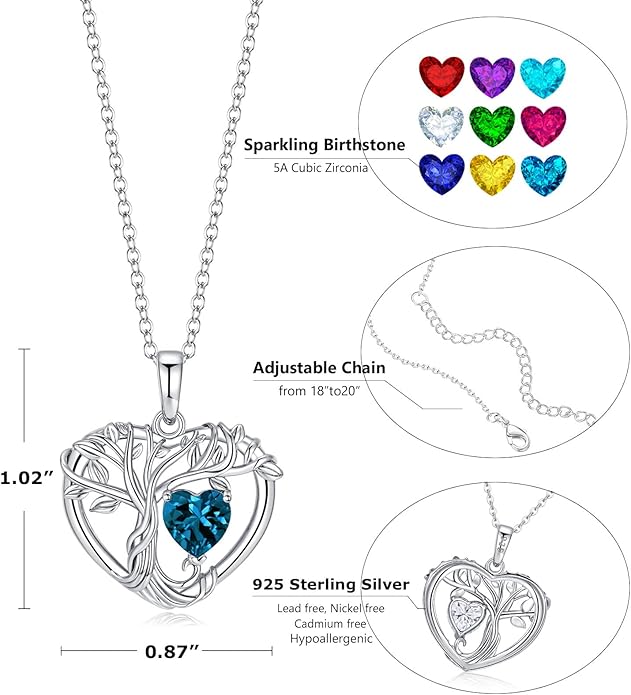 Tree of Life Necklaces for Women 925 Sterling Silver Heart Pendant Birthstone Necklace Created Gemstone Jewelry for Her, 18"+2"