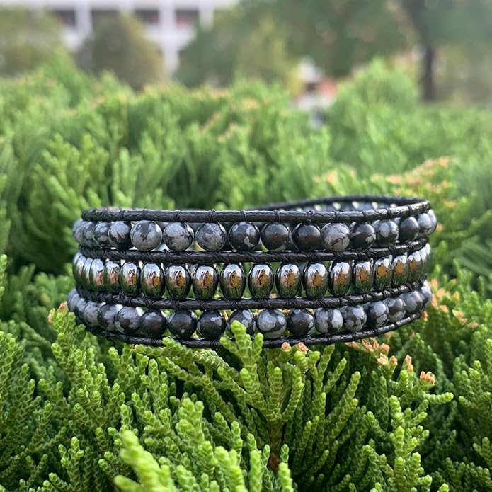 YGLINE Boho Handmade Natural Stone Bead 3 Row Wide Wrap Wrist Statment Bracelet Jewelry Collection