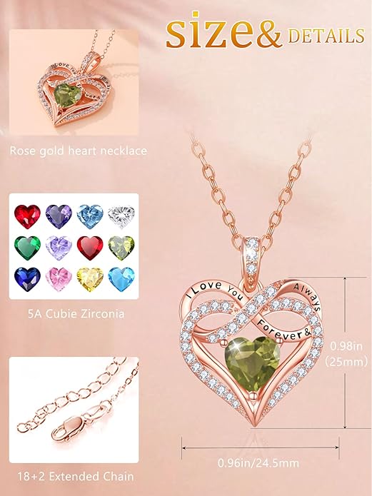 Infinity Rose Gold Valentines Heart Birthstone Necklace for Women,I Love You Always and Forever Jewelry,Valentines Anniversary Birthday Gifts for Her Wife Mom Grandma Daughter