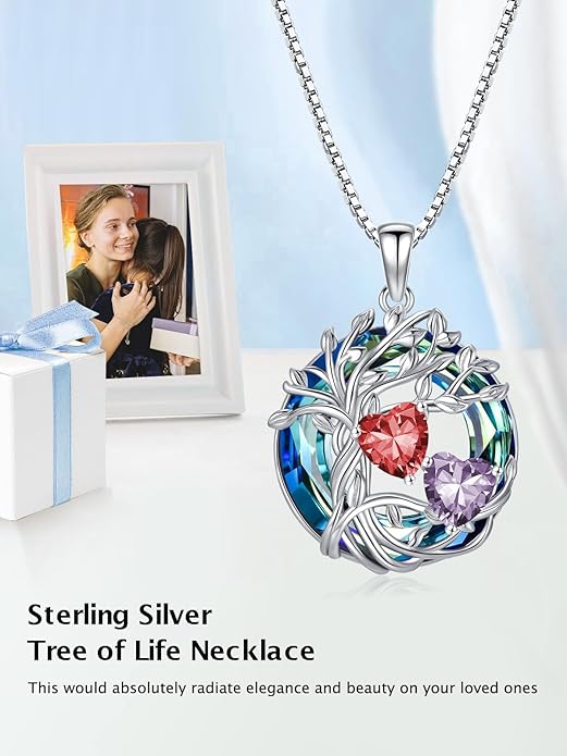 TOUPOP s925 Sterling Silver Family Celtic Tree of Life Pendant Necklaces with 2 Heart Birthstone with Blue Austrian Crystal Jewelry Birthday Valentines Day Gifts for Her, Anniversary Christmas Gifts for Wife Girlfriend Mom (18K Real White Gold Filled)