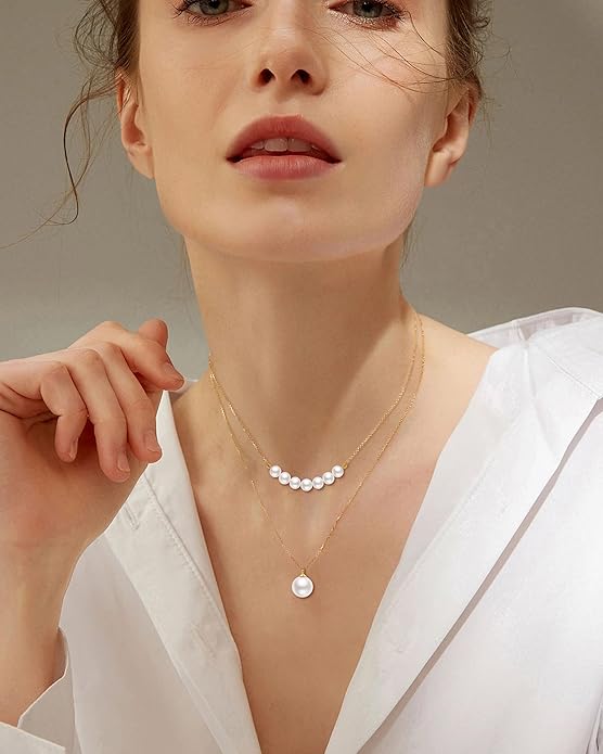 Pearl Necklace for Women with 14K Gold Plated S925 Silver & Butterfly Pendant Necklace, 17.7"+2" Chain Length, Gift for Birthday, Mothers Day, Christmas, Anniversary, Graduation