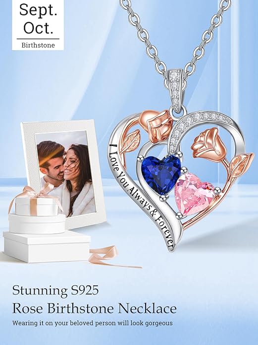 Valentine's Day Gifts for Wife 925 Sterling Silver Double Birthstone Pendant Necklaces I Love You for Always and Forever Necklace Anniversary Birthday Gifts for Wife Girlfriend Mom Her
