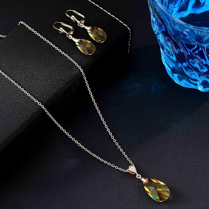 EVEVIC Austrian Crystals Teardrop Pendant Necklace Earrings for Women 14K Gold Plated Hypoallergenic Leverback Drop Dangle Earrings Jewelry Set