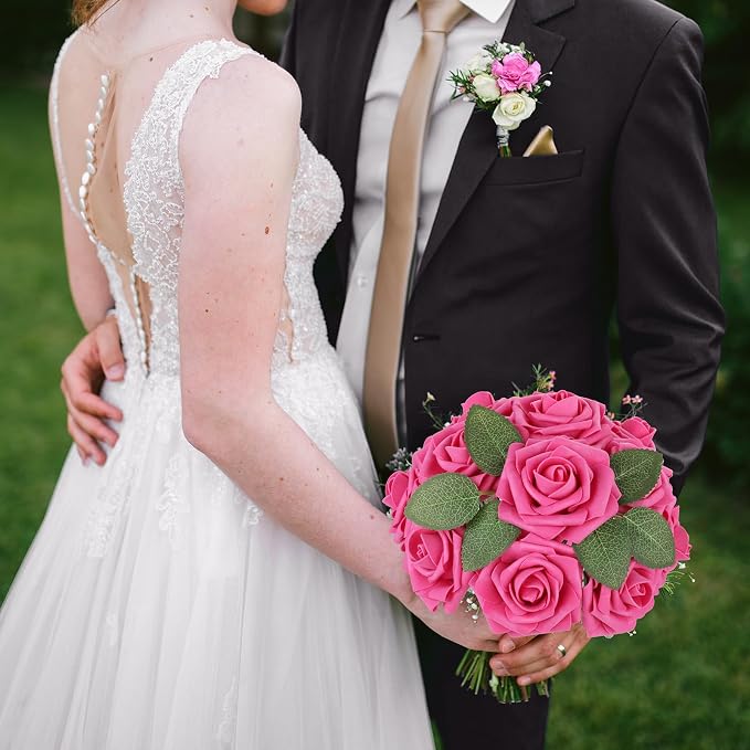 AmyHomie Hot Pink Rose 25pcs Real Looking Artificial Flowers w/Stem | Bouquet - Image 3