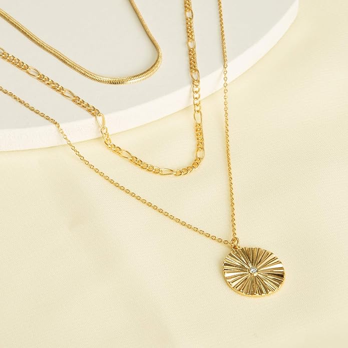 LANE WOODS Gold Plated Necklaces for Women - Multilayer Coin Medallion Pendant Necklace Adjustable Layering Choker Necklaces Chain Set Jewelry