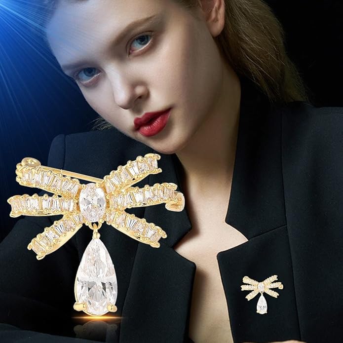 Bow Knot Pin Rhinestone Crystal Pearl Brooch 18k Gold Plated Lapel Pin Birthday Jewelry Gift for Women Men