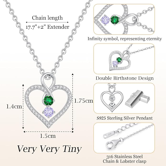 LOUISA SECRET Infinity Double Birthstone Necklace, 925 Sterling Silver Tiny Pendant Heart Necklace for Women Wife Her, Best Jewelry Gift Heart Jewelry Meaningful Gift for Valentine's Day, Christmas, Birthday Anniversary
