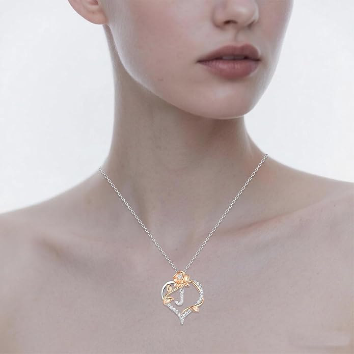 Valentines Day Gifts Rose Heart Letter Initial Necklace for Women, S925 Sterling Silver Pendant Necklace Adjustable Dainty Rose Flower Jewelry Gift for Her