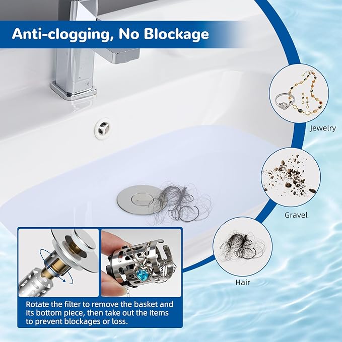 Hibbent Upgraded 3 in 1 Bathroom Sink Drain Strainer, Pop Up Stopper - Image 2