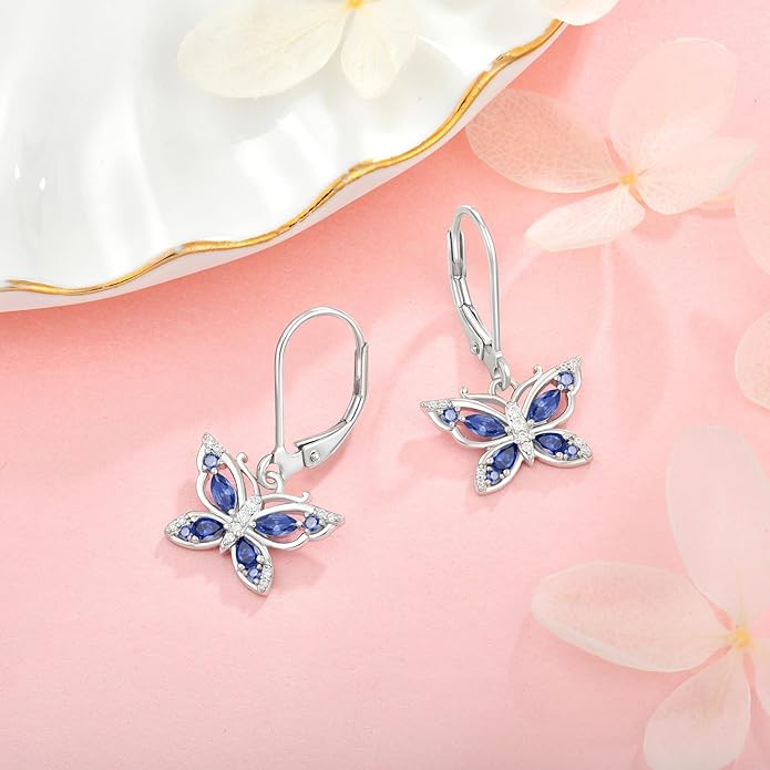 Women's Butterfly Leverback Dangle Earrings 925 Sterling Silver 5A Cubic Zirconia Jewelry for Valentine Mother's Day Birthday Gifts for Her