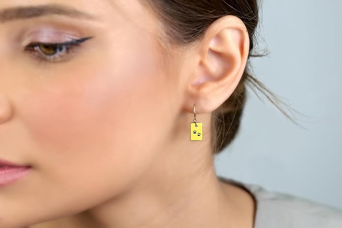 Custom Gold Rectangle Earrings with Paw Engraving - Personalized Animal Inspired Paw Print Jewelry
