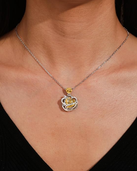 FANCIME Thornless Pulse Heart Birthstone Necklace for Women Sterling Silver Rose Pendant Fine Jewelry Gemstone Birthday Valentines Day Gifts for Wife Her