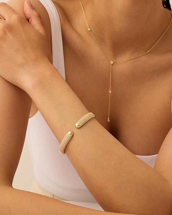 PAVOI 14k Gold Plated Cuff Bracelets | CZ Cuff Gold Bracelets for Women with Premium Pave Setting | Waterproof Hypoallergenic Jewelry | Trendy Elegant Style | 7-Inch Bangle Design