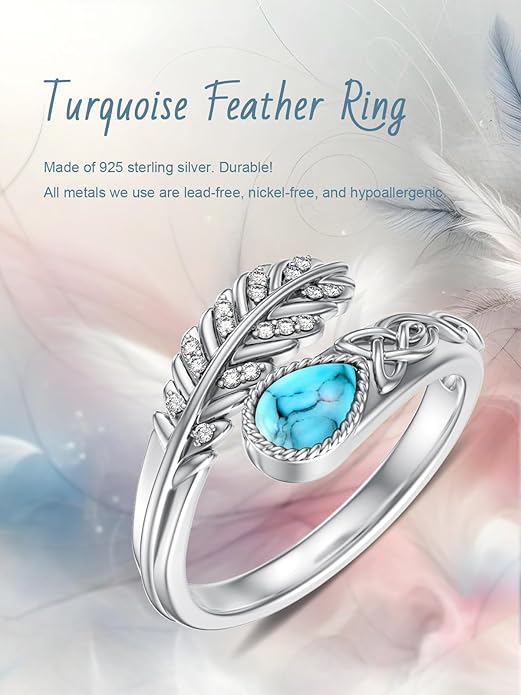 Turquoise/Moss Agate/Moonstone/Black Onyx/Lapis Lazuli/Labradorite/Tiger Eye Feather Ring 925 Sterling Silver Adjustable Ring Western Thumb Rings Vintage Jewelry Gifts for Women