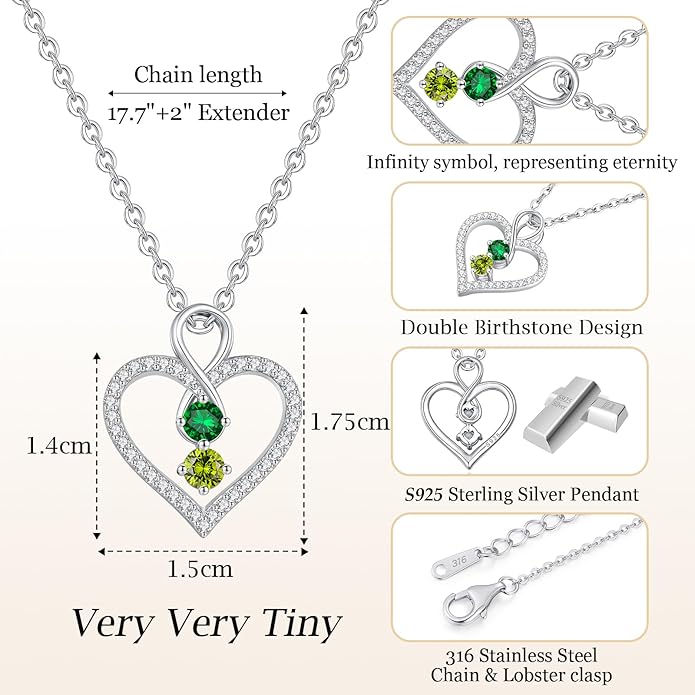 LOUISA SECRET Infinity Double Birthstone Necklace, 925 Sterling Silver Tiny Pendant Heart Necklace for Women Wife Her, Best Jewelry Gift Heart Jewelry Meaningful Gift for Valentine's Day, Christmas, Birthday Anniversary
