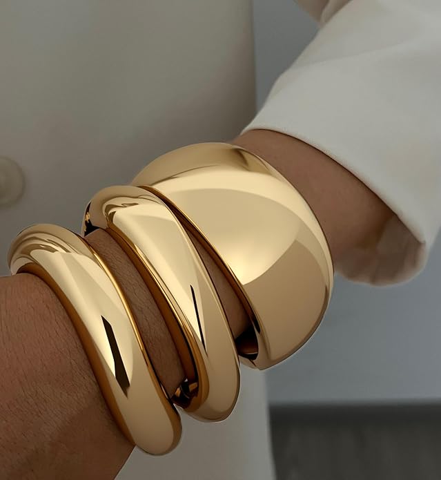 Chunky Gold Bangle Bracelets for Women, 14k Gold Plated Dainty Cuff Stackable Bangles Set, Trendy Bracelet Stack Fashion Jewelry Gifts