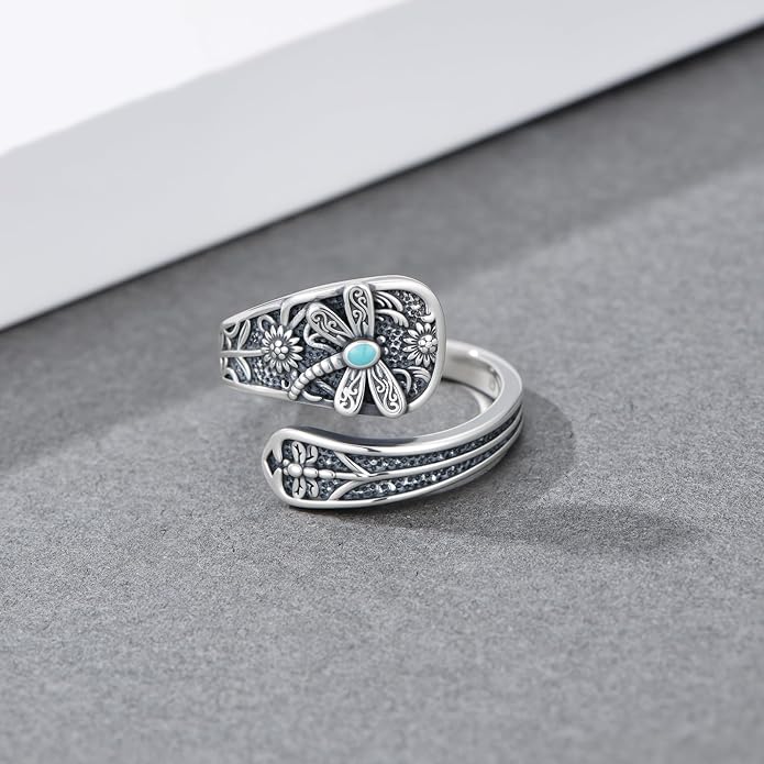 Spoon Ring for Women S925 Sterling Silver Dragonfly Ring Adjustable Thumb Rings Jesus Fish Rings Spoon Jewelry for Brithday Christmas