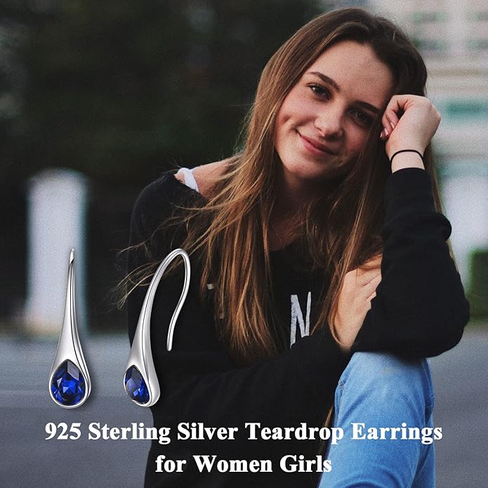 925 Sterling Silver Small Pear-Shaped Modern Style Hook Earrings with Crystals from Austria