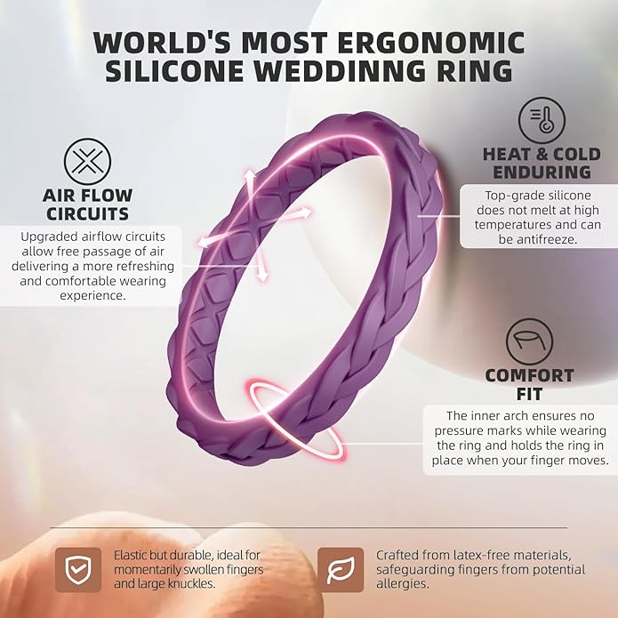 Egnaro Women's Wedding Bands, Silicone Thin and Stackable Rubber Engagement Ring, Variety Multipack With Breathable Grooves Workout Accessories