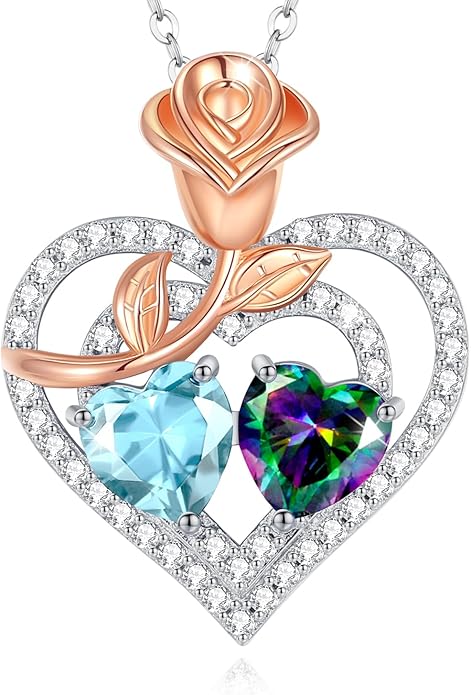 AGVANA Valentines Day Gifts Birthstone Necklace for Women Sterling Silver Rose Flower Heart Double Birthstone Jewelry Pendant Necklace Anniversary Birthday Gifts for Women Mom Wife Girlfriend Her