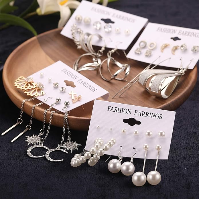 Earrings for Women, Funtopia 68 Pairs Drop Dangle Earrings, Fashion Statement Stud Earrings Pearl Earrings Set for Party Jewelry(Gold and Silver)
