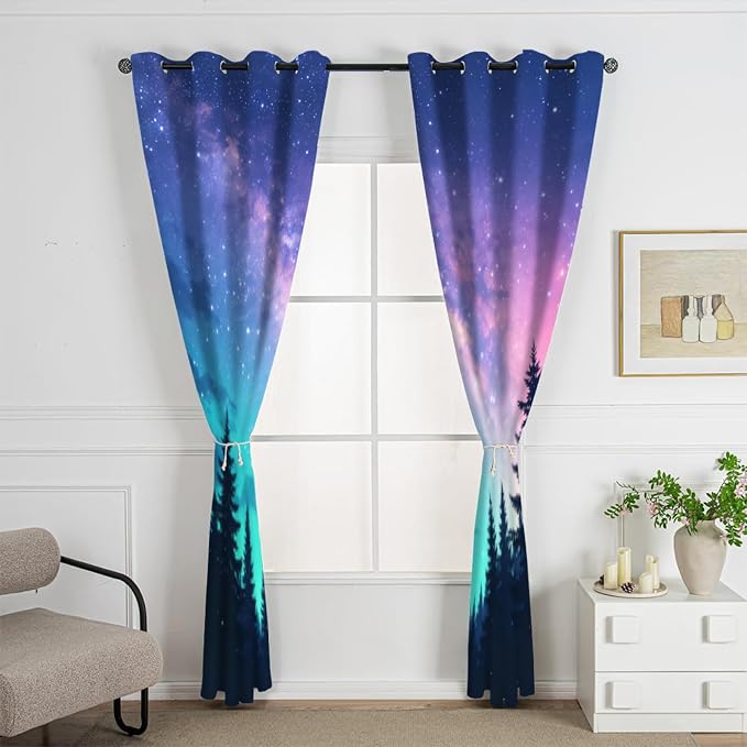 Japanese Style Curtains for Bedroom Blackout, Galaxy Forest Curtains, Aurora - Image 2