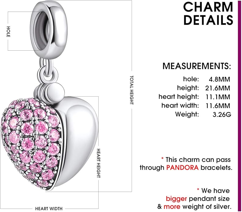 NINGAN “I Love You” Dangle Charm Love Heart Pendant Bead for Women Wife Girlfriend with 5A Cubic Zirconia for Charm Bracelets 925 Sterling Silver