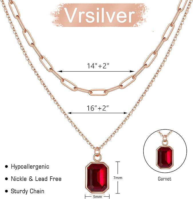 Layered Birthstone Necklace for Women Girls, 14K Gold-Plated Paperclip Chain Choker Necklace with Rectangle Birthstone Pendant Birthday Gifts for Women Girls Dainty Small