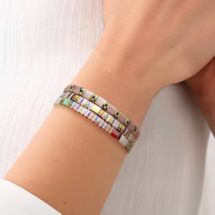 Sonateomber Tila Flat Beaded Stretch Bracelets for Women, Trendy Unique Colorful Square Beads Handmade Stack Bracelet Friendship Accessories Fashion Jewelry Gift